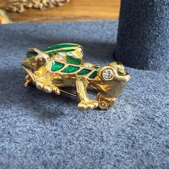 Vintage Frog Pin Enamel Rhinestone Gold Tone Signed Nat Landau Hyman NLH - Picture 6 of 10